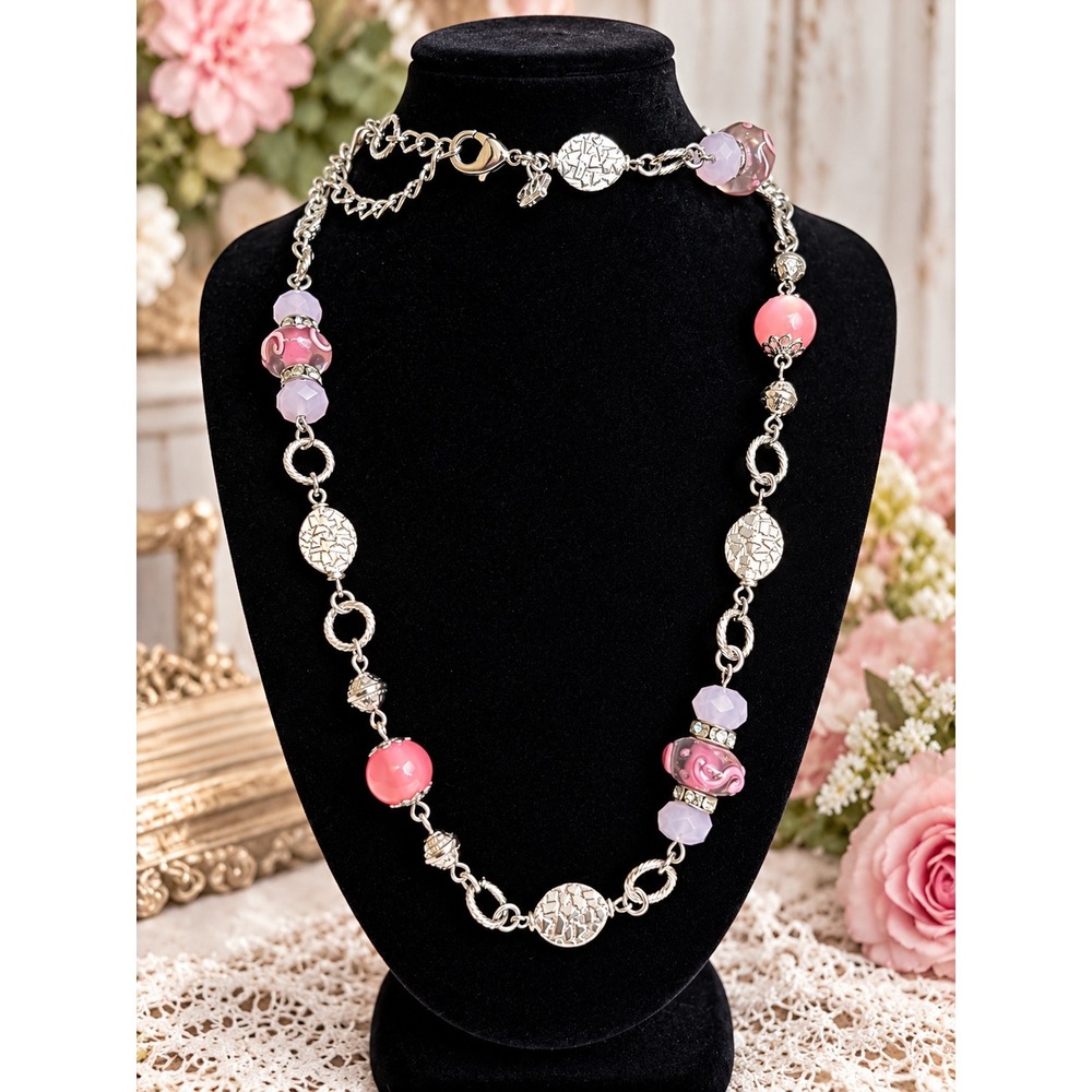 Silver Tone Pink Lavender Art Glass Bead Necklace Adjustable Extender Chain